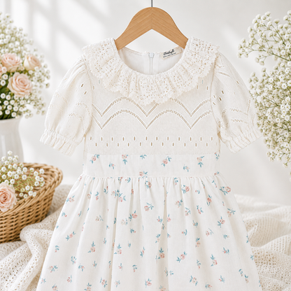 Girls cream floral print dress close up showing smocked bodice detail and puff sleeves with wicker basket and rose styling by Babyli, boutique girls dresses UK