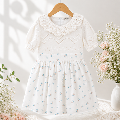 Girls cream floral print dress with lace collar detail on hanger showing full skirt and delicate blue pink flower pattern by Babyli, boutique girls dresses UK