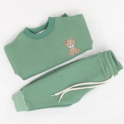 Babyli sage green teddy bear baby toddler tracksuit flat lay