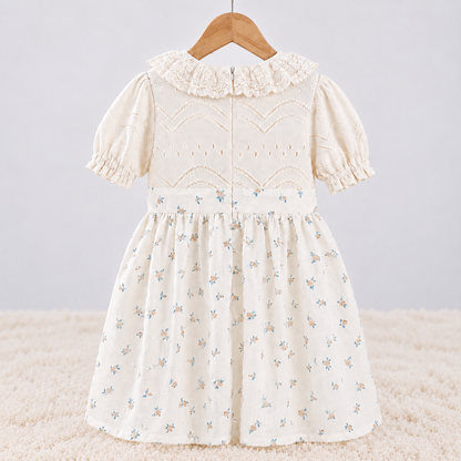 Back view of Babyli ivory floral baby and toddler knit dress with ruffle collar, puff sleeves and gathered floral skirt