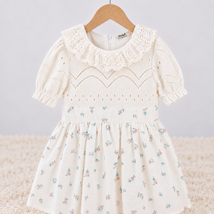 Close-up of Babyli ivory baby and toddler dress with textured knit bodice, ruffle collar and delicate floral print