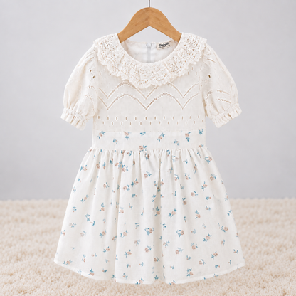 Babyli ivory floral baby and toddler knit dress with ruffle collar, puff sleeves and floral skirt, front view