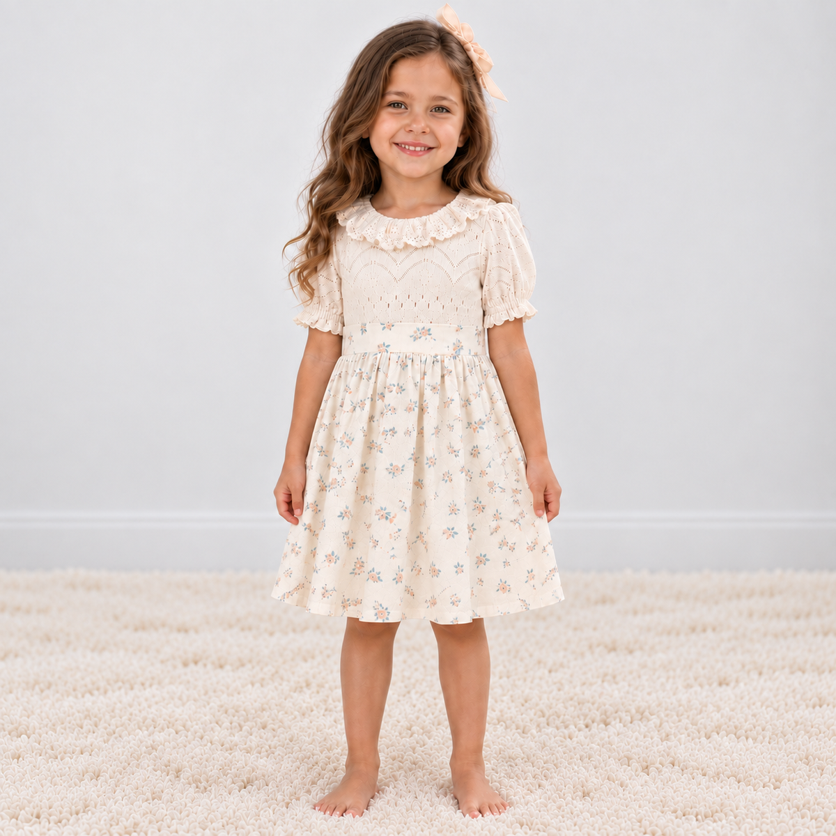 Girl wearing Babyli ivory floral baby and toddler knit dress with ruffle collar and puff sleeves