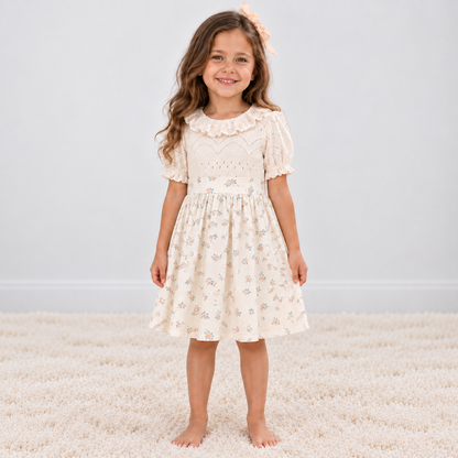 Girl wearing Babyli ivory floral baby and toddler knit dress with ruffle collar and puff sleeves