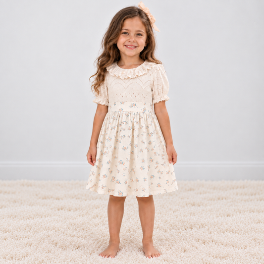 Girl wearing Babyli ivory floral baby and toddler knit dress with ruffle collar and puff sleeves