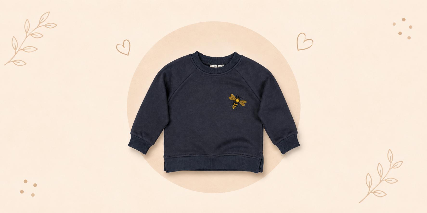 Navy children's sweatshirt with embroidered bee motif on a soft beige background, featured on Babyli's Terms and Conditions page.