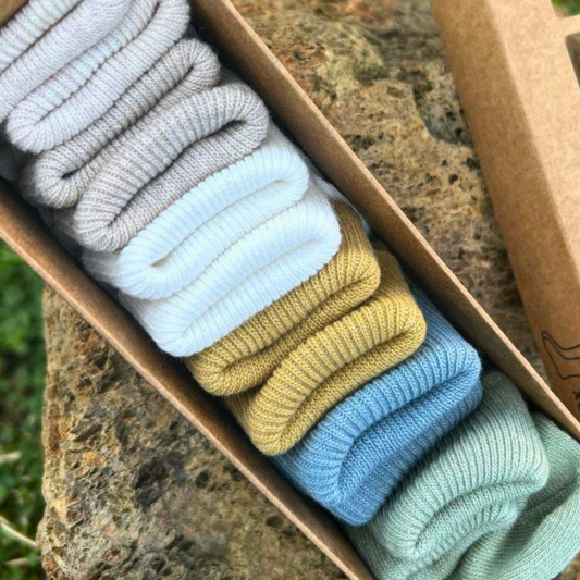Soft unisex newborn baby socks in pastel colours presented in a gift box