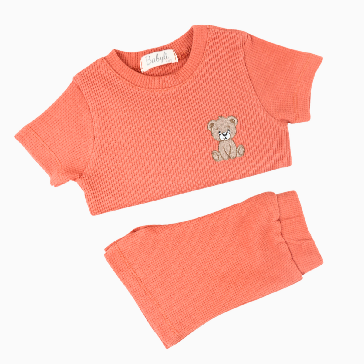 Babyli orange baby and toddler t-shirt and shorts set with teddy bear embroidery, back view