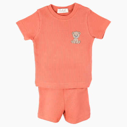 Babyli orange baby and toddler t-shirt and shorts set with teddy bear embroidery, front view