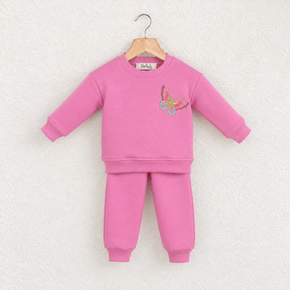 Babyli pink butterfly baby toddler tracksuit with embroidered butterfly on wooden hanger