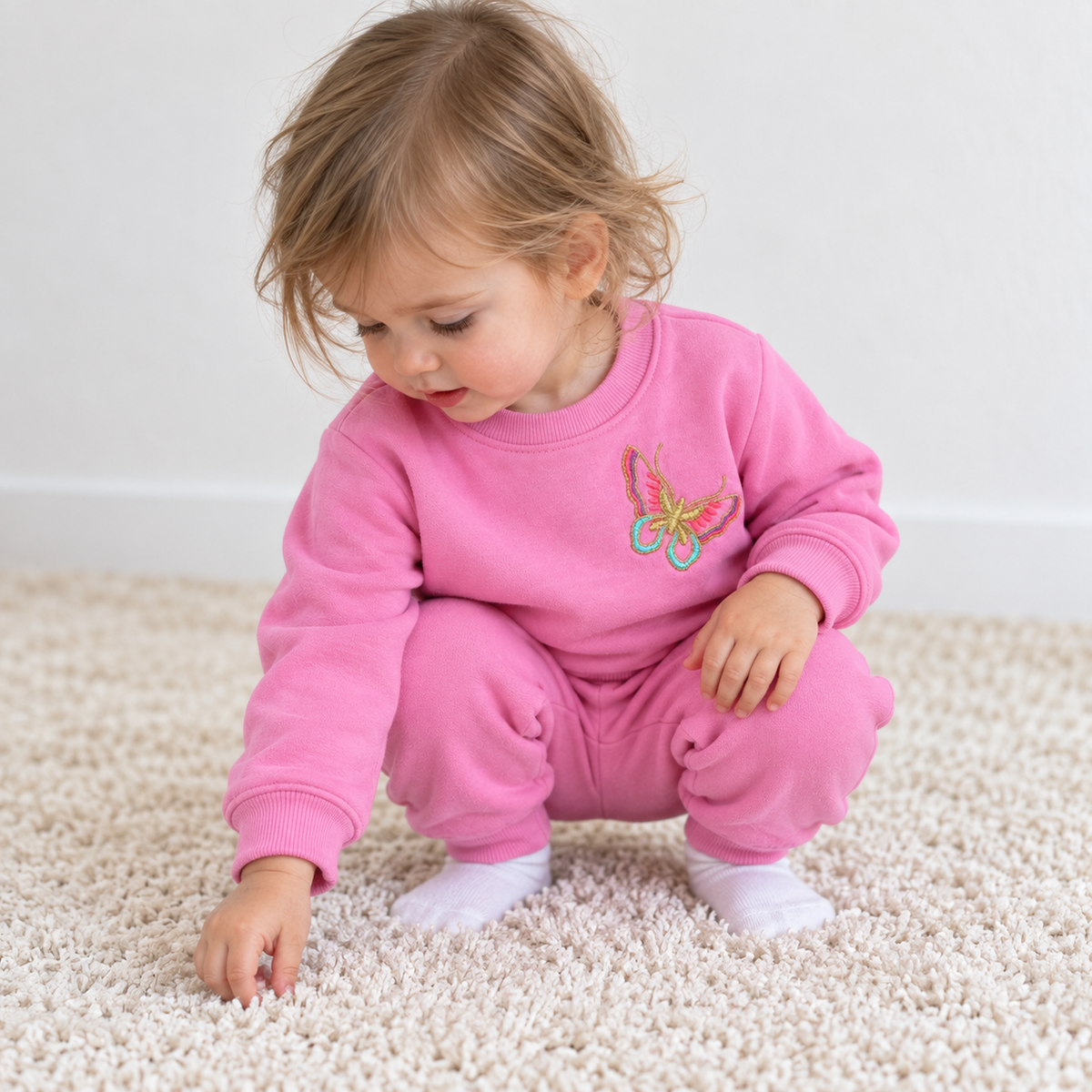 Toddler girl wearing Babyli pink fleece tracksuit with embroidered butterfly, crouching on a rug