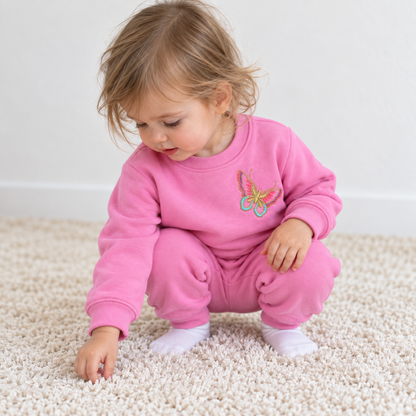 Toddler girl wearing Babyli pink fleece tracksuit with embroidered butterfly, crouching on a rug