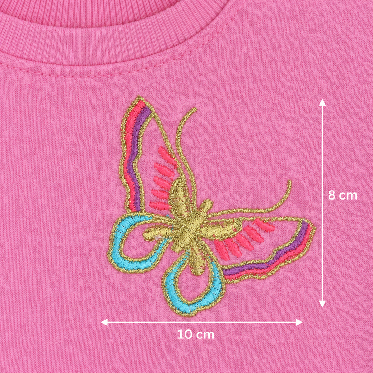 Embroidered butterfly detail on Babyli pink baby tracksuit, 10 cm by 8 cm