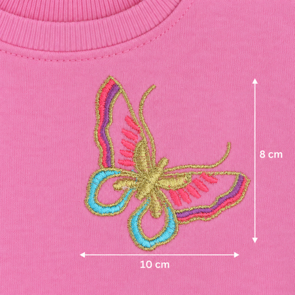 Embroidered butterfly detail on Babyli pink baby tracksuit, 10 cm by 8 cm