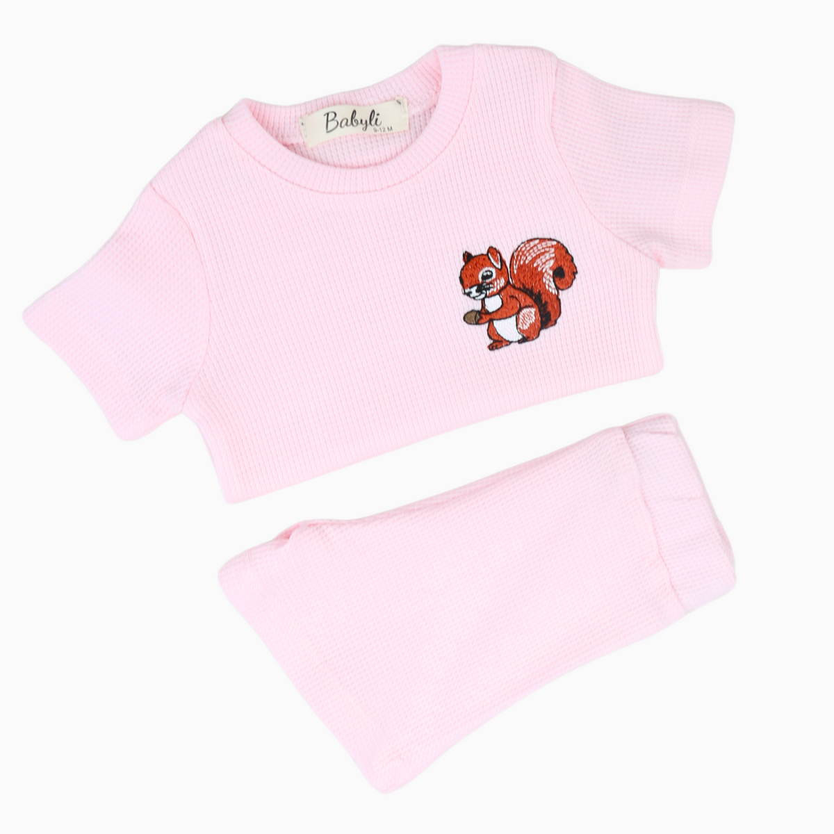 Babyli pink baby and toddler t-shirt and shorts set with squirrel embroidery, back view