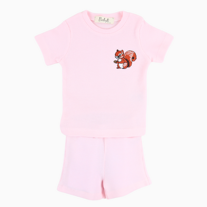 Babyli pink baby and toddler t-shirt and shorts set with squirrel embroidery, front view