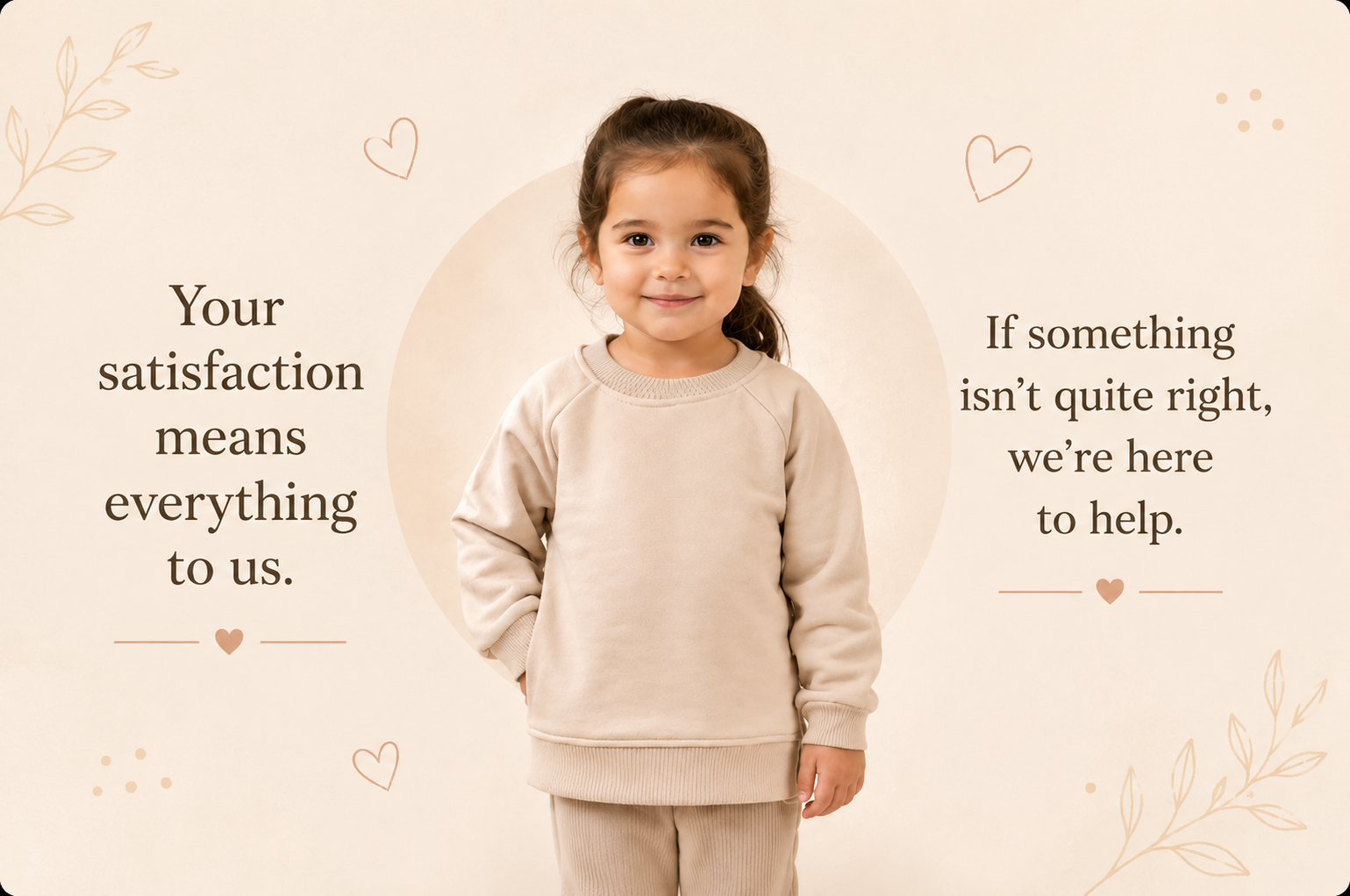 Customer satisfaction and support banner featuring a child in a neutral beige outfit.