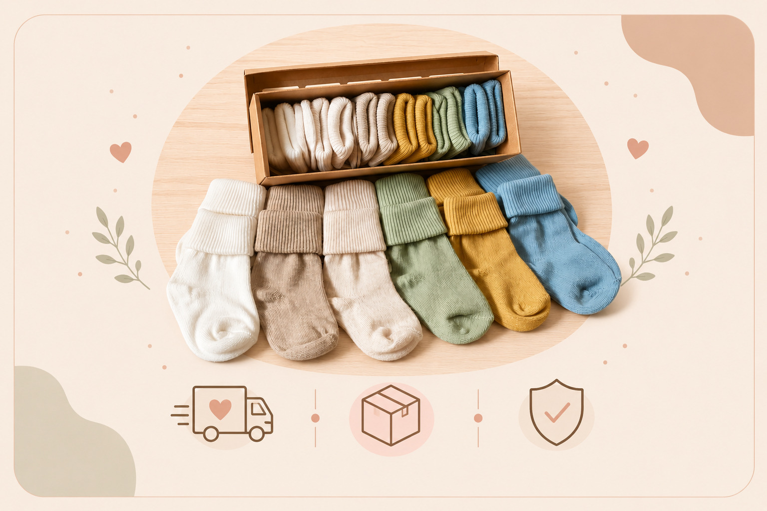 Babyli shipping policy banner featuring a gift box of soft pastel baby socks in neutral colours with delivery, parcel and secure shipping icons on a warm beige background.