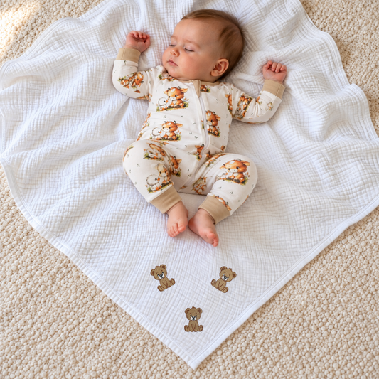Baby asleep on a white teddy bear embroidered 4-layer muslin blanket by Babyli, wearing the Babyli Highland Cow two-way zip sleepsuit