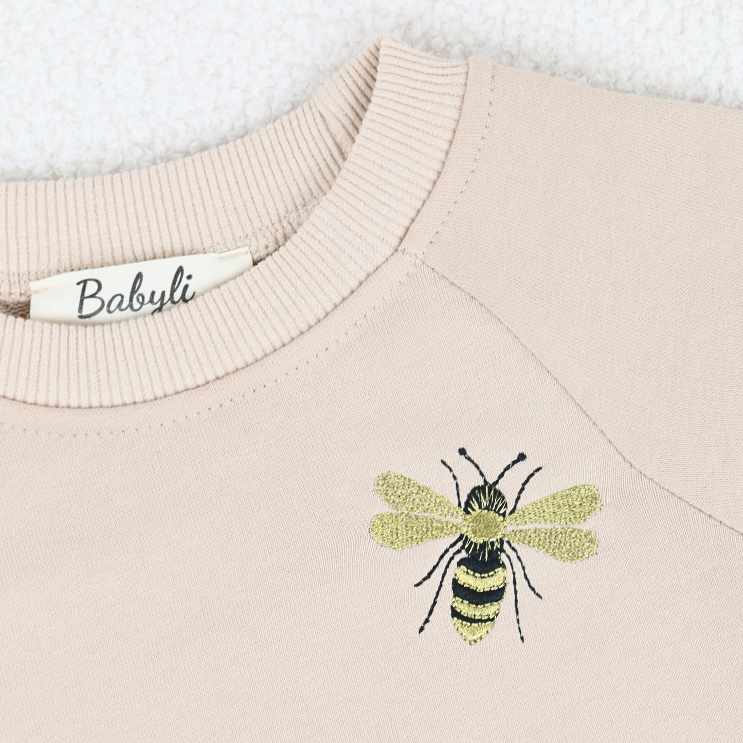 Beige baby sweatshirt and ribbed leggings set with bumblebee embroidery