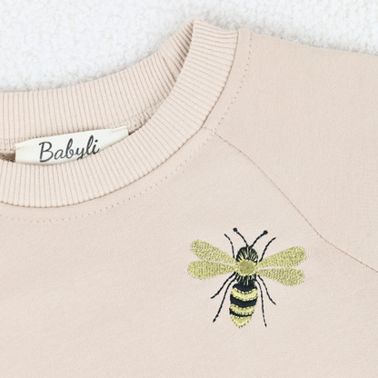 Beige baby sweatshirt and ribbed leggings set with bumblebee embroidery