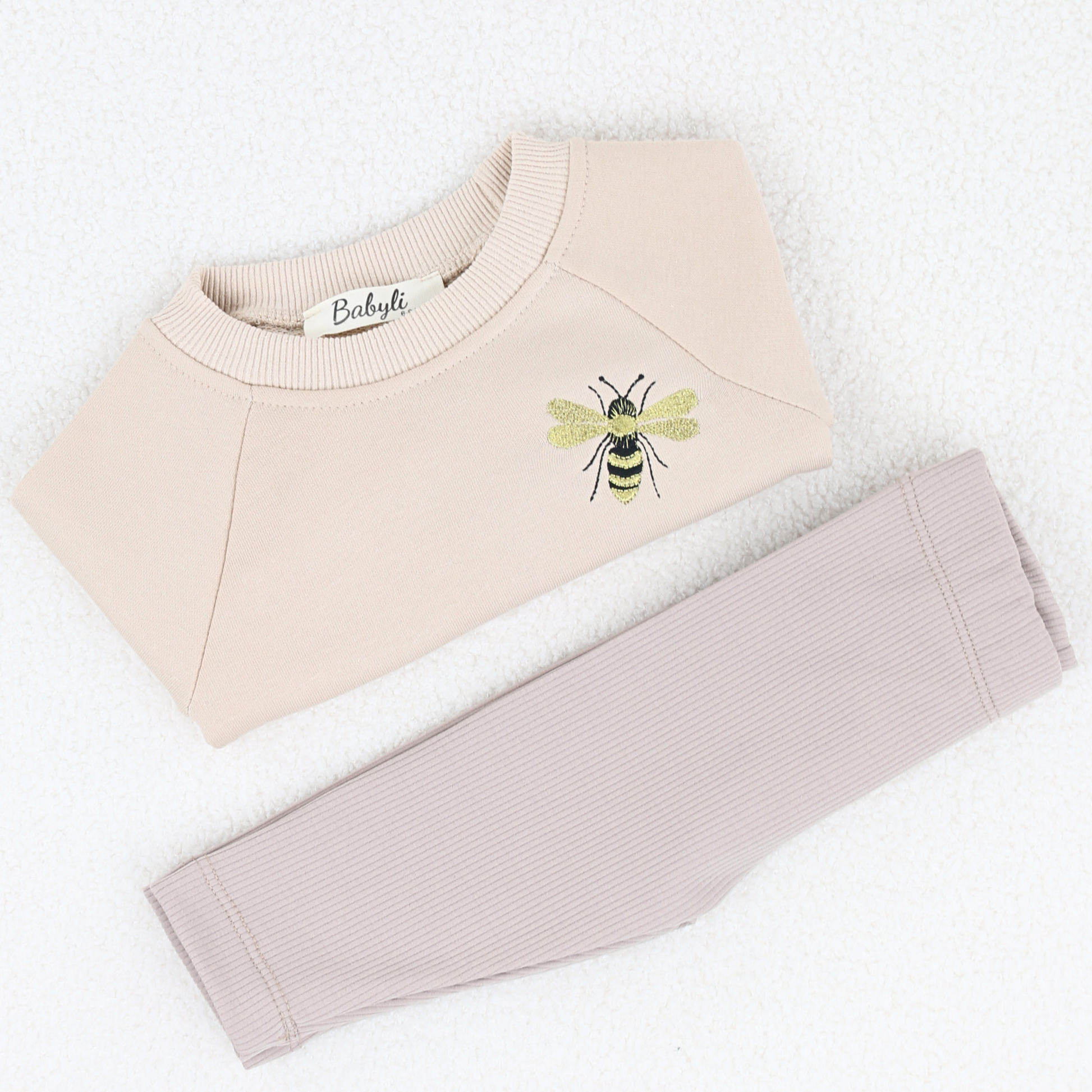 Beige baby sweatshirt and ribbed leggings set with bumblebee embroidery