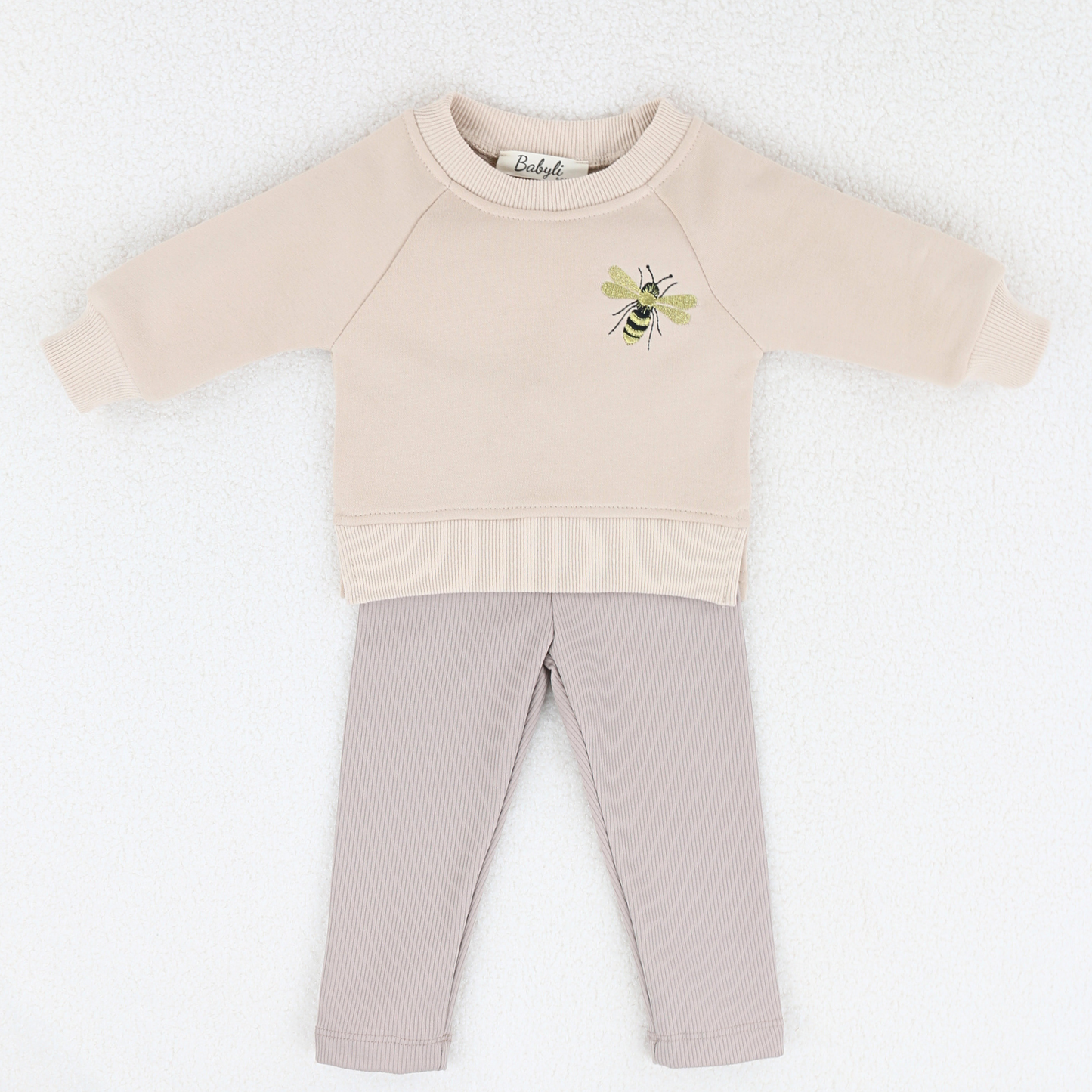 Beige baby and toddler sweatshirt and ribbed leggings set with bumblebee embroidery