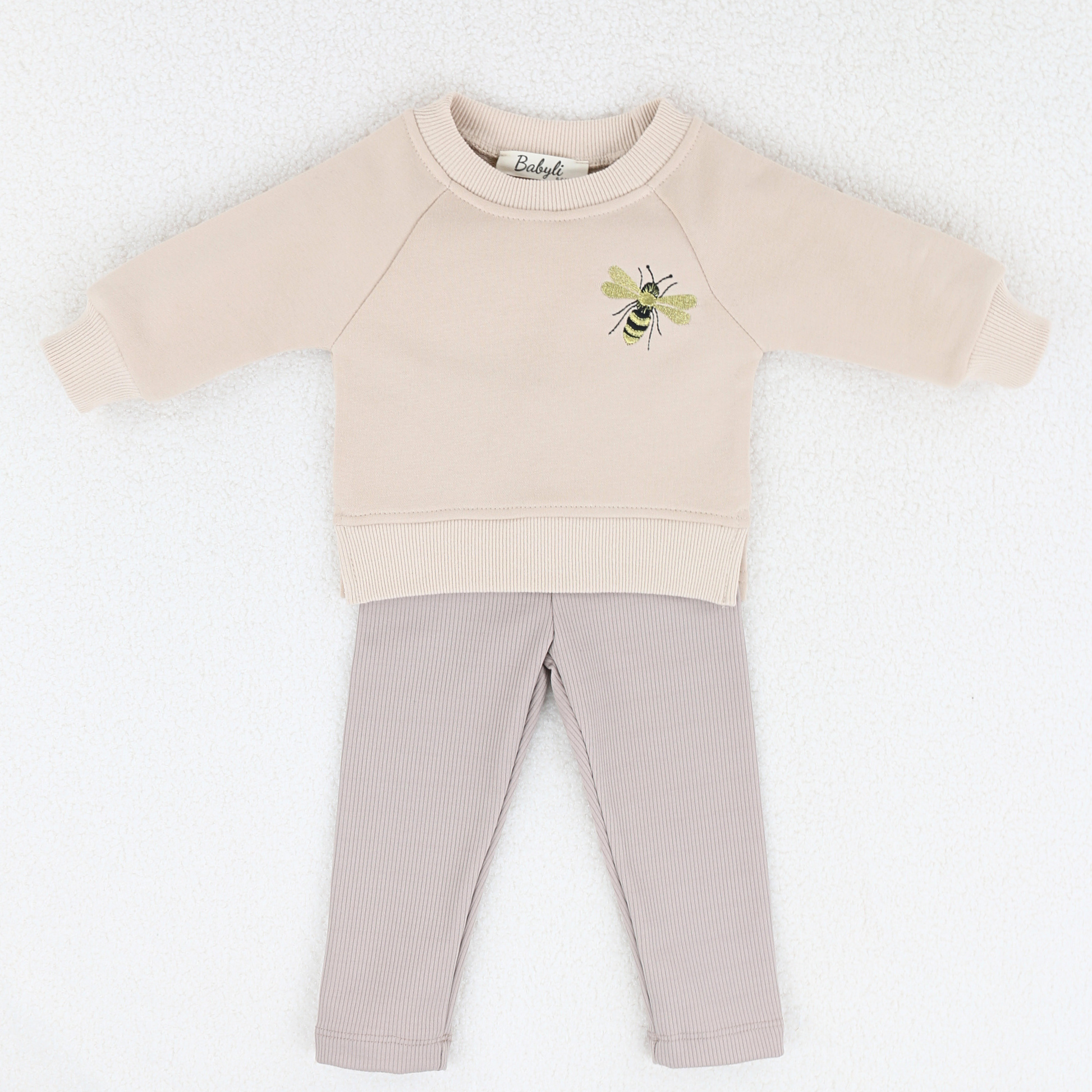 Beige baby and toddler sweatshirt and ribbed leggings set with bumblebee embroidery