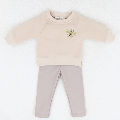 Beige baby and toddler sweatshirt and ribbed leggings set with bumblebee embroidery