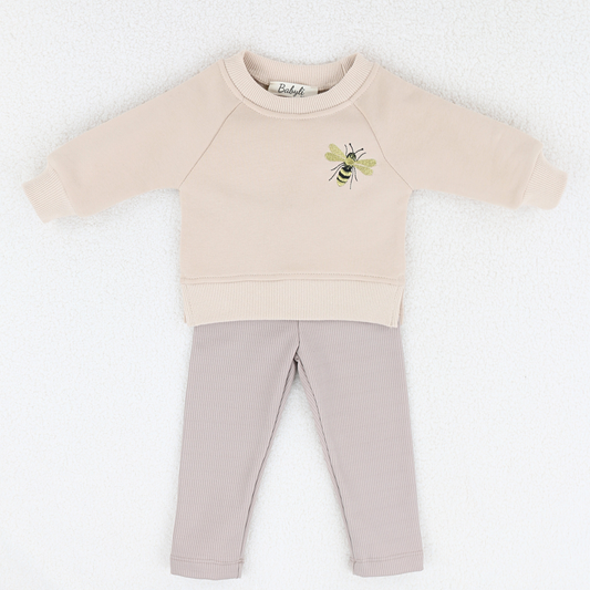 Beige baby and toddler sweatshirt and ribbed leggings set with bumblebee embroidery
