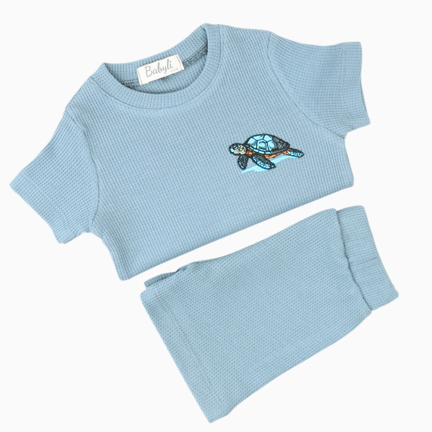 Light blue baby t-shirt and shorts set with embroidered turtle detail.
