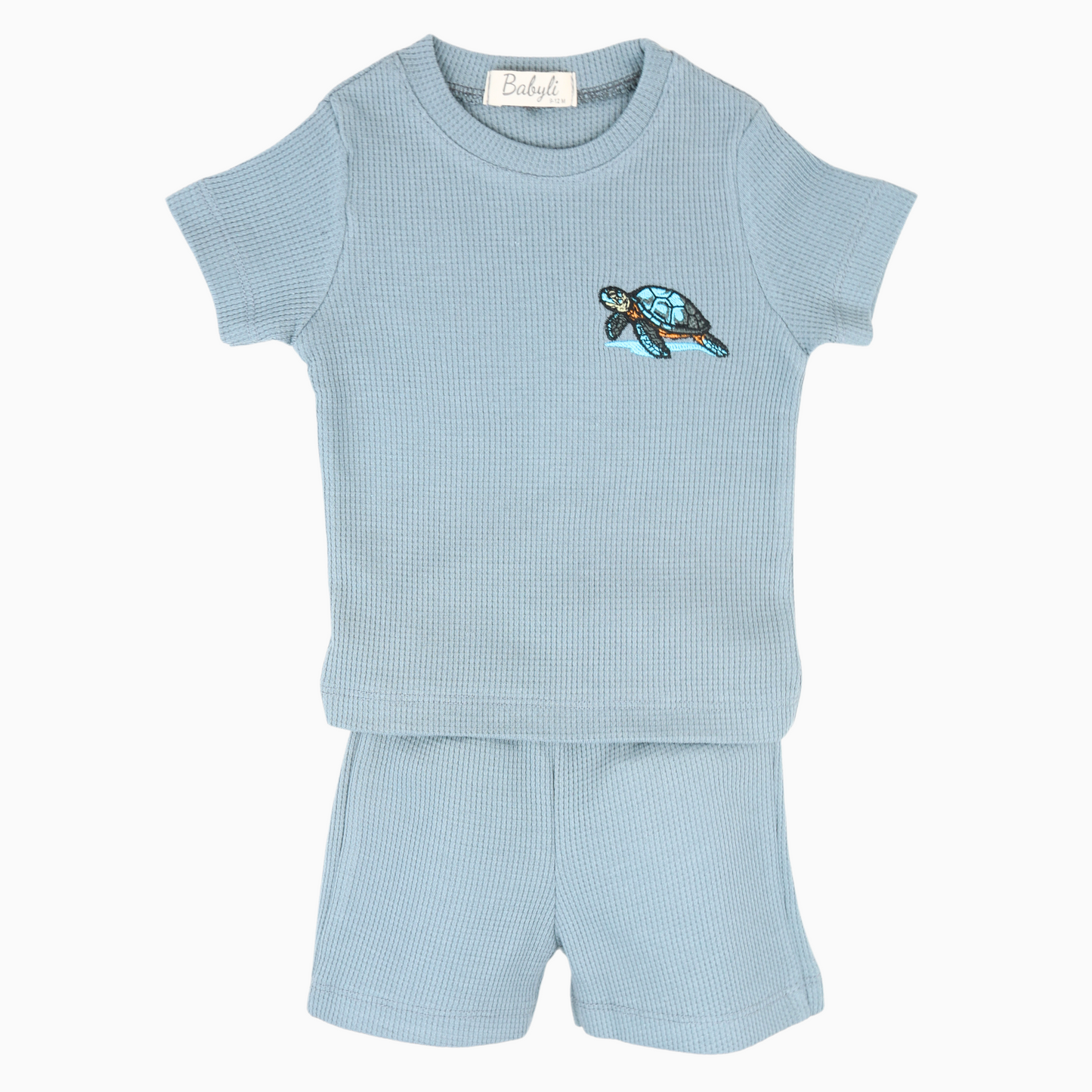 Light blue baby t-shirt and shorts set with embroidered turtle detail.