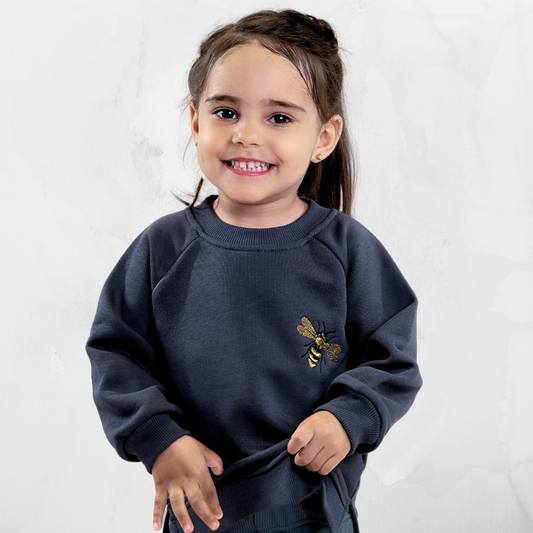 Bumblebee baby clothing set with navy sweatshirt and leggings