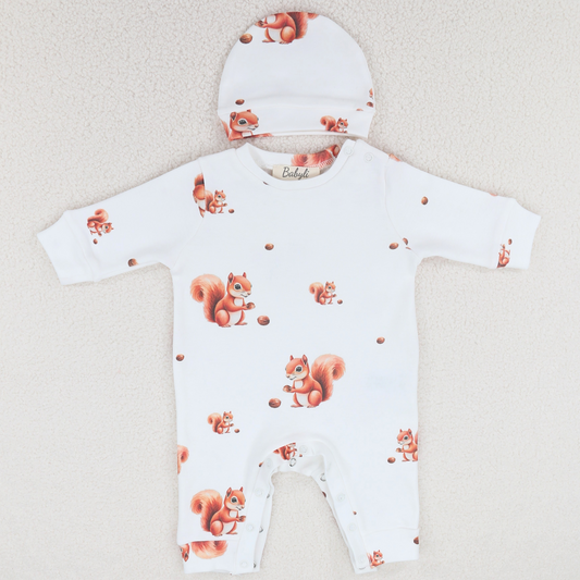 Cotton baby grow with squirrel print and matching baby hat.