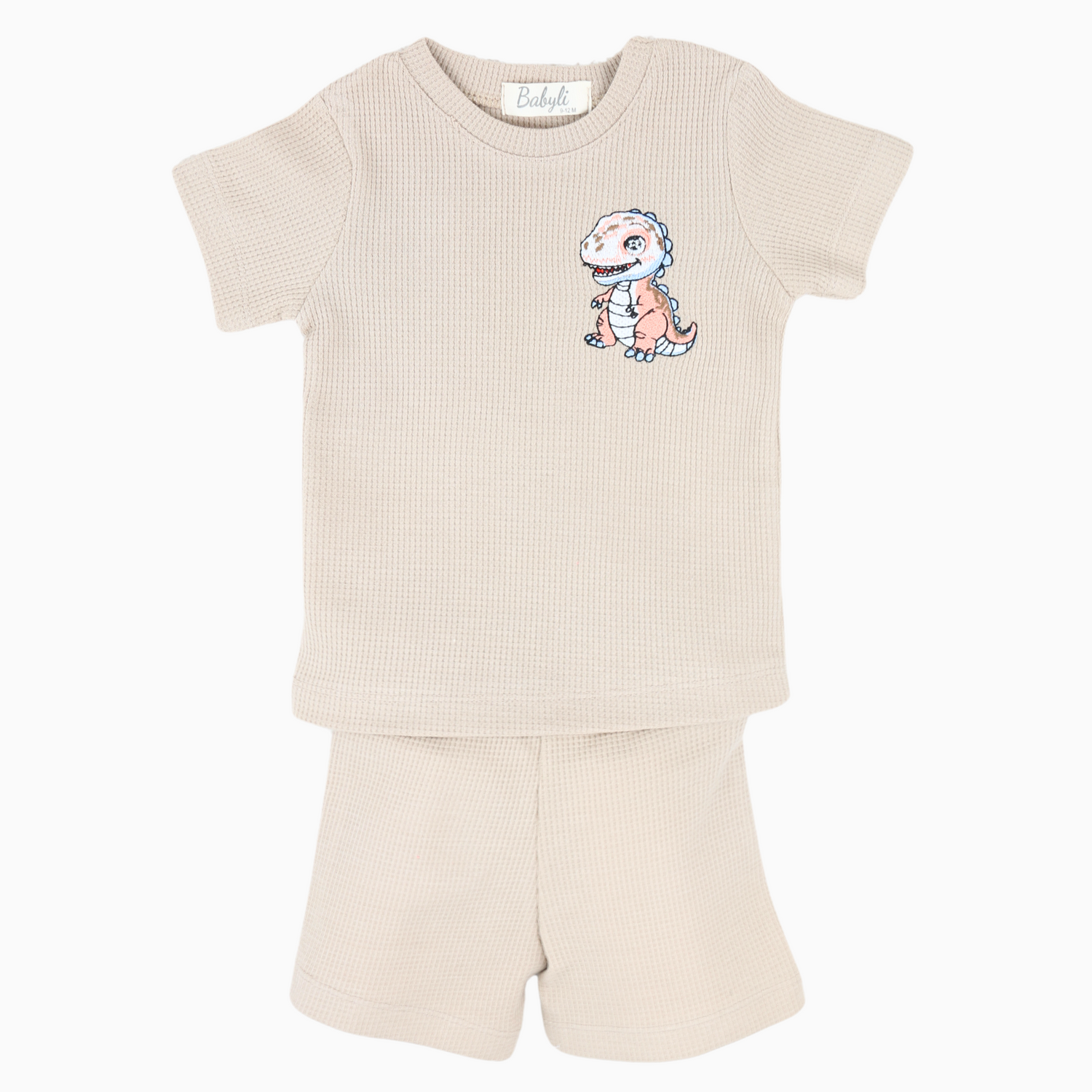 Cream baby and toddler t-shirt and shorts set with dinosaur embroidery