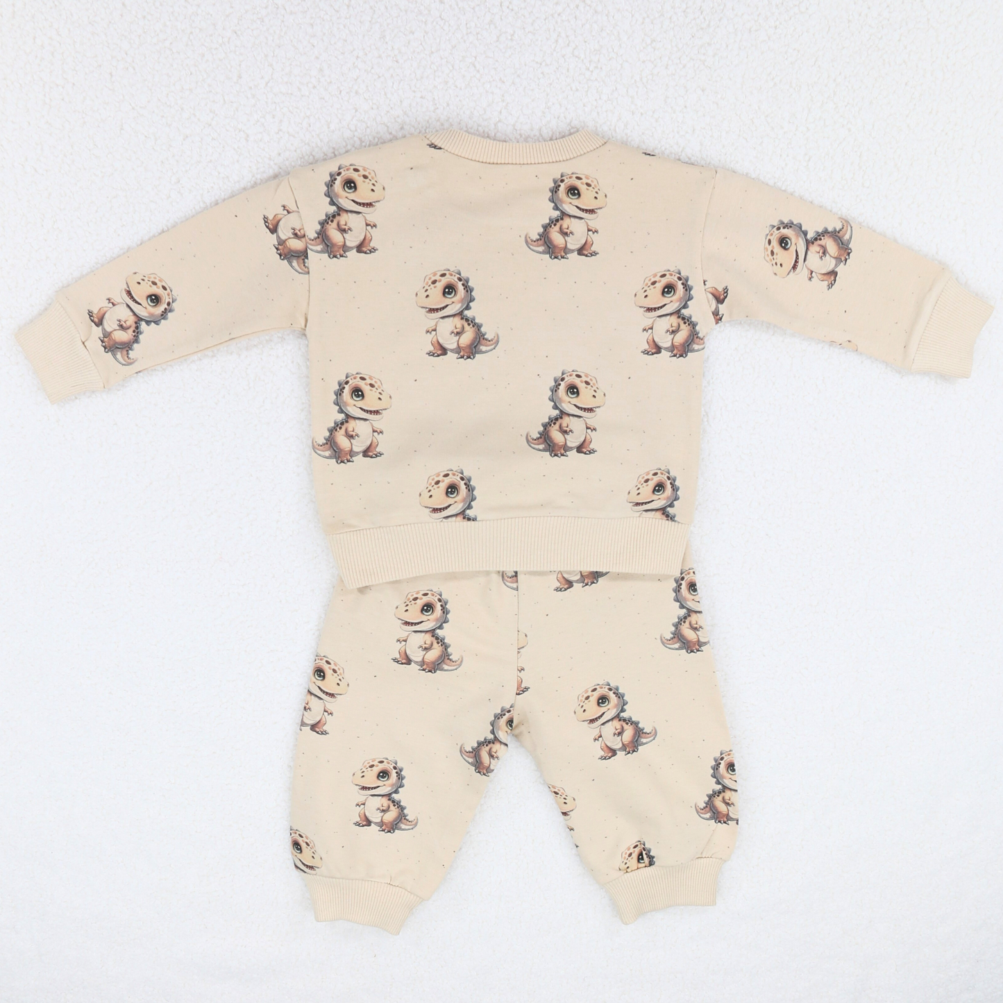 Cream baby sweatshirt and jogger set with dinosaur print