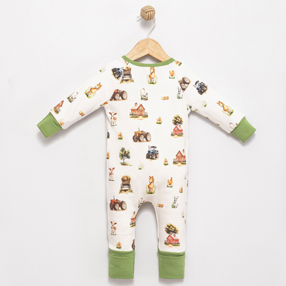 Back view of Babyli Farmyard Double Zip Baby Sleepsuit featuring an all-over farm animal print and soft ribbed cuffs