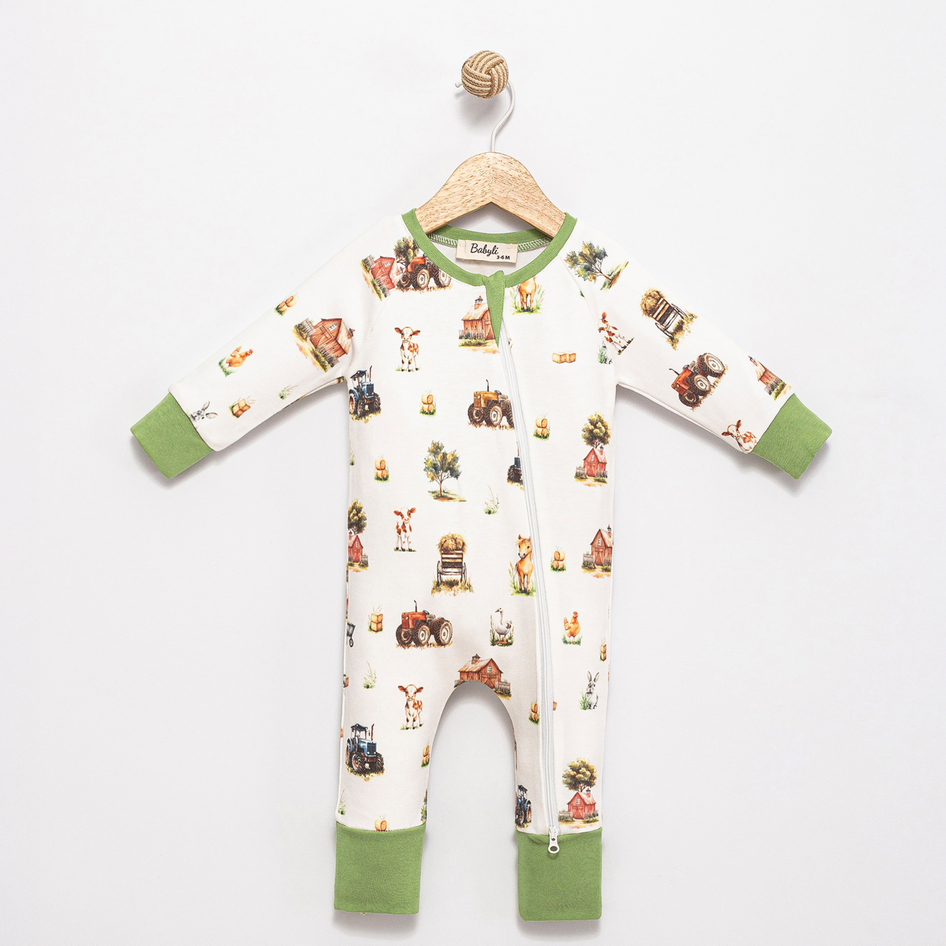 Front view of Babyli Farmyard Double Zip Baby Sleepsuit featuring a farm animal print and two-way zip fastening