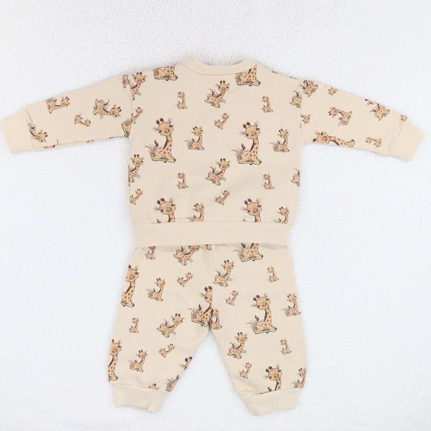 Beige baby and toddle sweatshirt and jogger set with giraffe print