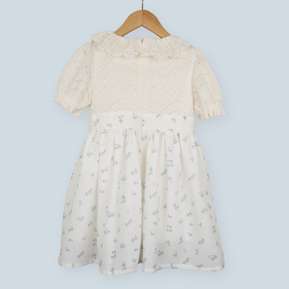 Cream girls dress with knitted top and delicate floral skirt