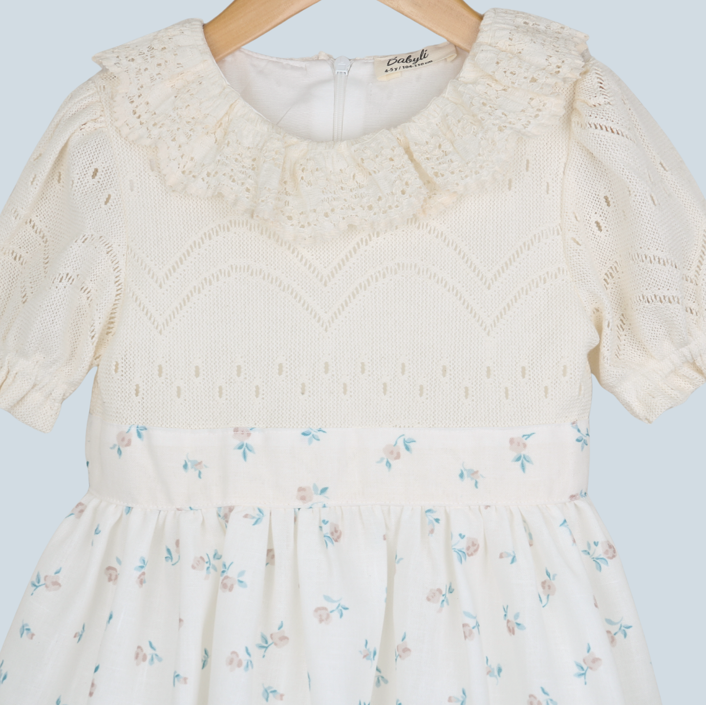 Cream girls dress with knitted top and delicate floral skirt