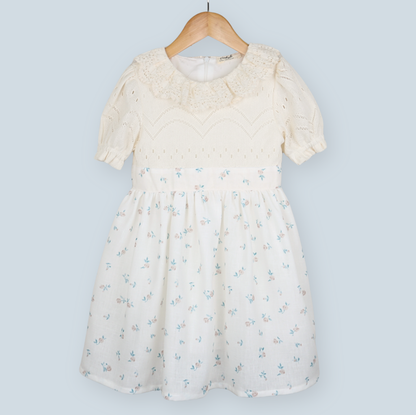 Cream girls dress with knitted top and delicate floral skirt