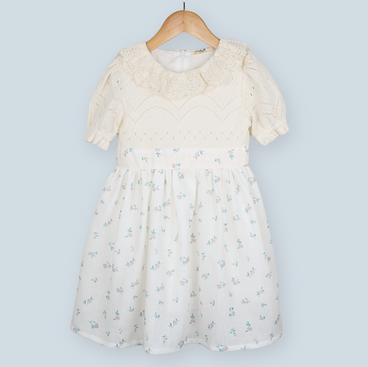 Cream girls dress with knitted top and delicate floral skirt
