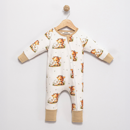 Front view of Babyli Highland Cow Double Zip Baby Sleepsuit featuring a Highland cow print and two-way zip fastening