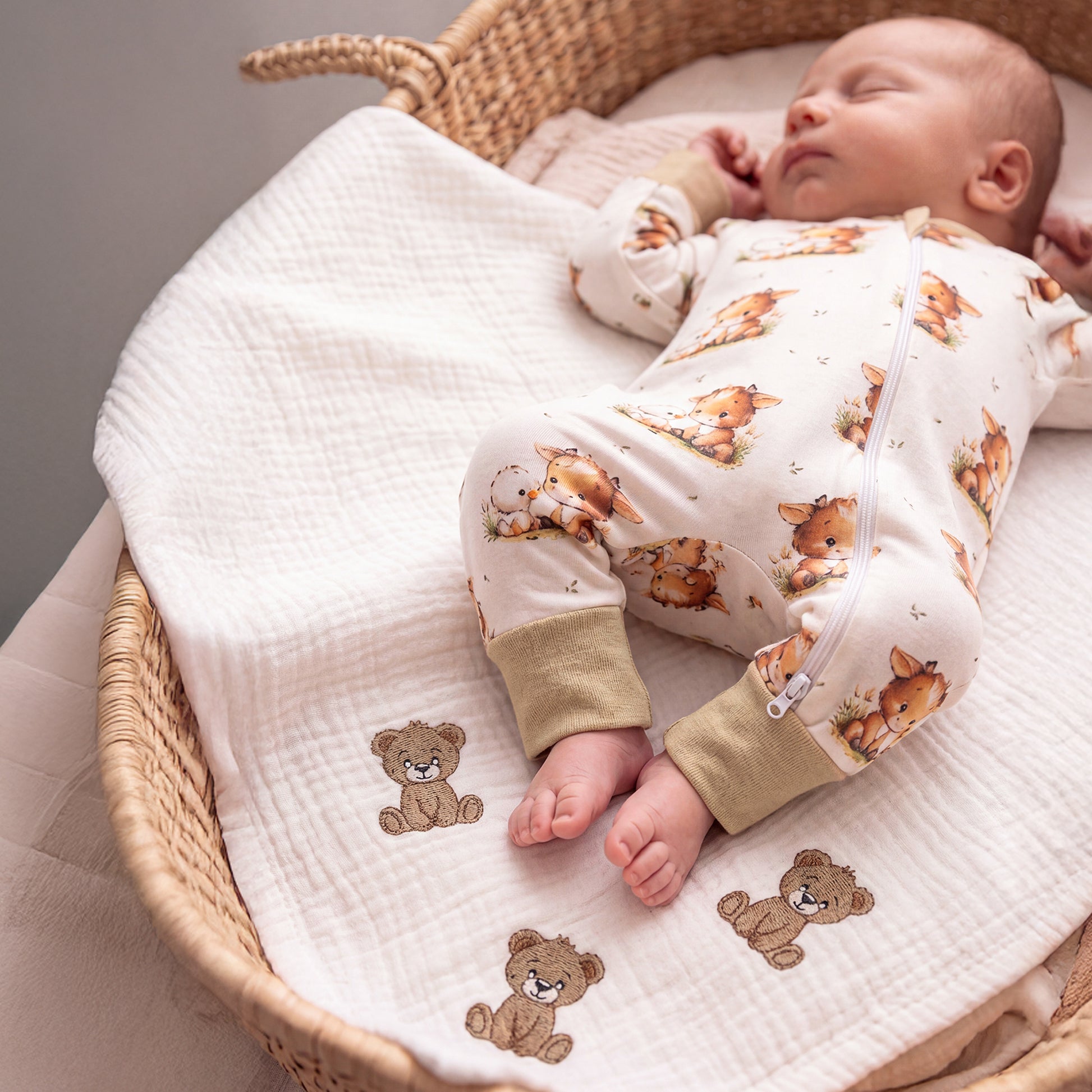 Sleeping baby wearing Babyli Highland Cow Double Zip Baby Sleepsuit featuring a Highland cow print and two-way zip fastening