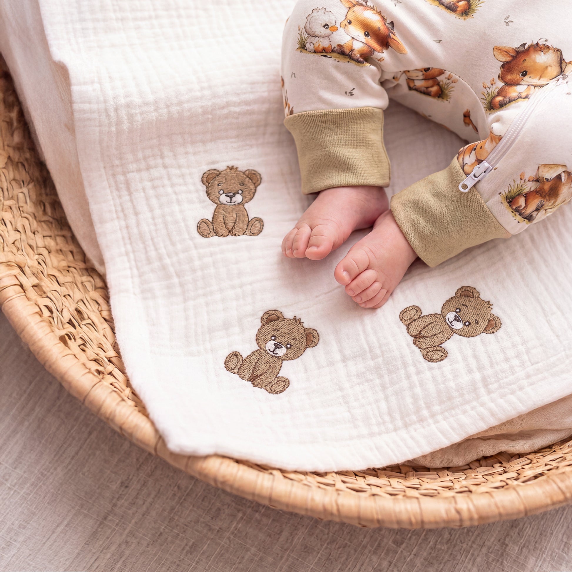 Close-up of Babyli Highland Cow Double Zip Baby Sleepsuit showing two-way zip fastening and soft fold-over cuffs