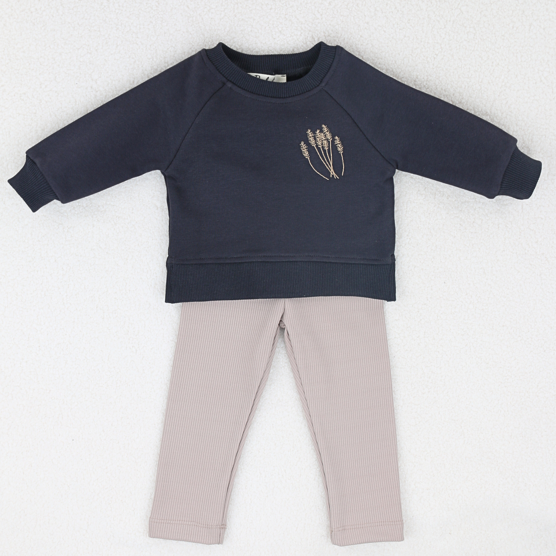 Navy baby sweatshirt and ribbed leggings set with embroidered detail