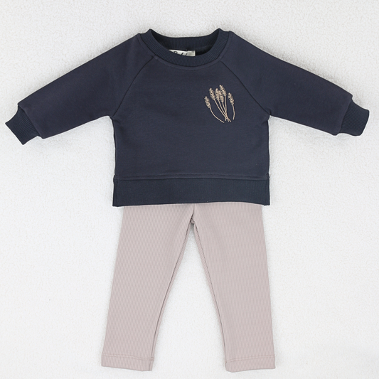 Navy baby sweatshirt and ribbed leggings set with embroidered detail