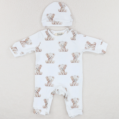 White baby romper with teddy bear print and matching