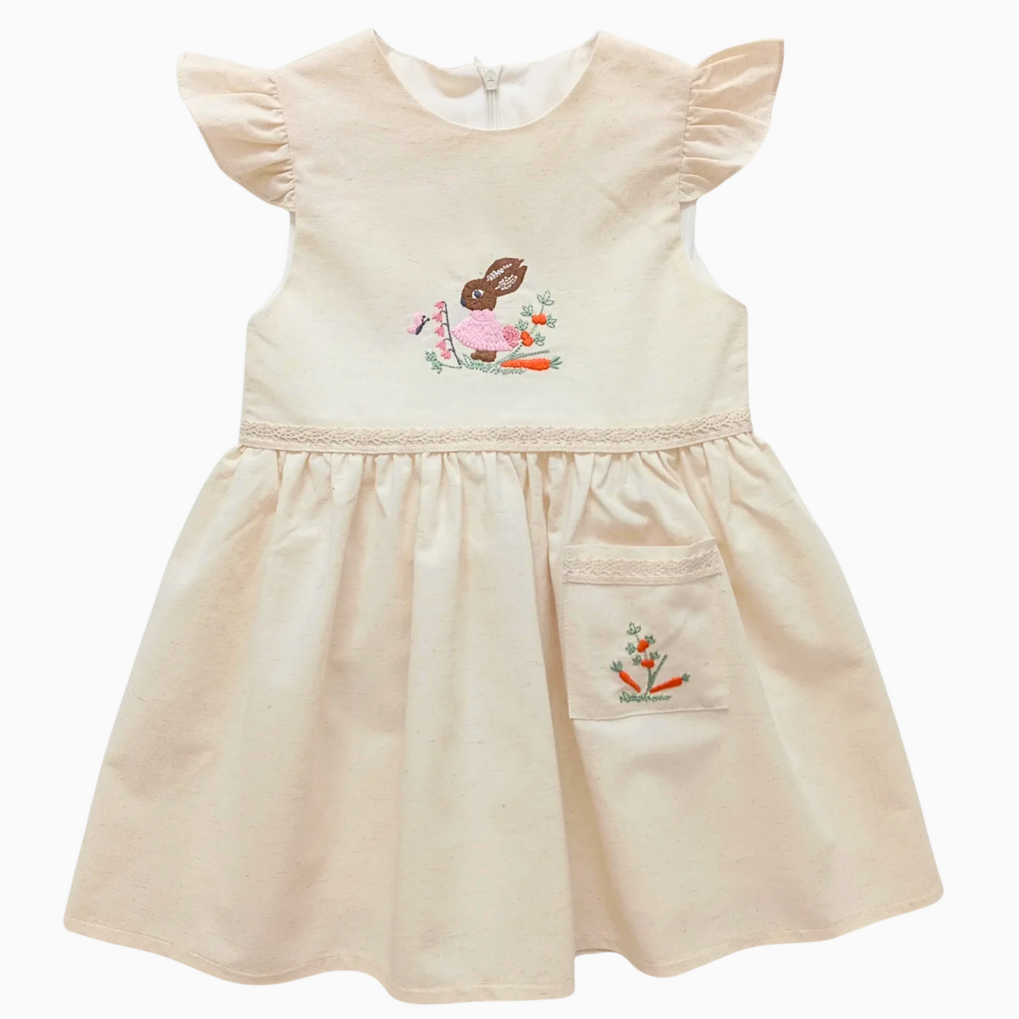 Girls sleeveless linen dress with rabbit embroidery and floral details.